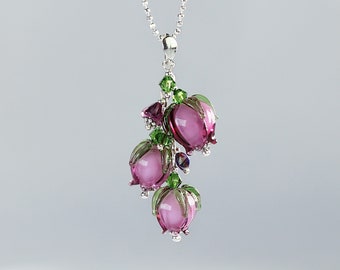 Sterling silver 925 pendant purple glass flowers