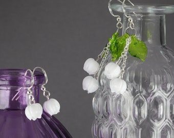 Lily of the Valley Earrings Murano Glass Fairy Flower Dangle Bells Wedding  Bridal Jewelry  Mother Daughter Set Spring Floral Birthday Gift