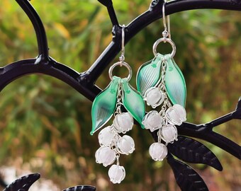 Sterling silver long earrings Lily of the valley   lampwork spring white bells