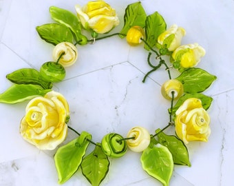 Lampwork flower bead set yellow roses , sra