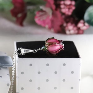 NEW 2024 Spring Tulip Pendant Handcrafted Murano Glass with Sterling Silver Choose Your Color & Chain Perfect Gift in Elegant Box Pink