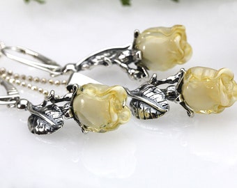 Sterling Silver Creme Rose Set,  lampwork