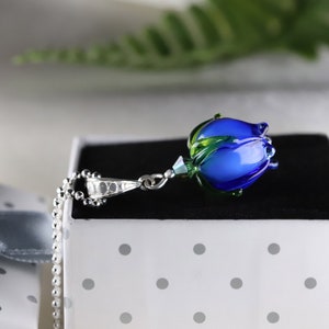 NEW 2024 Spring Tulip Pendant Handcrafted Murano Glass with Sterling Silver Choose Your Color & Chain Perfect Gift in Elegant Box Blue