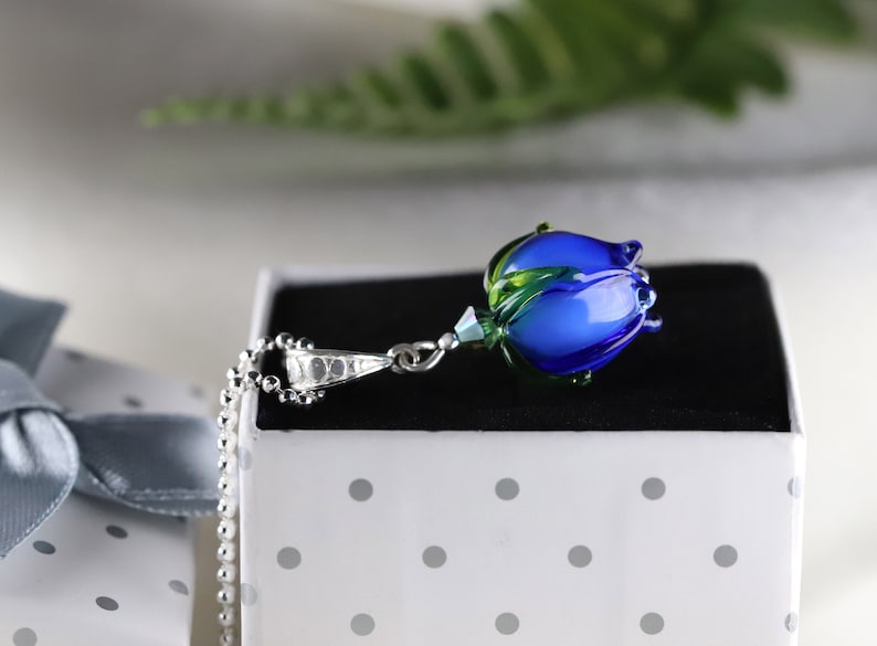 NEW 2024 Spring Tulip Pendant Handcrafted Murano Glass with Sterling Silver Choose Your Color & Chain Perfect Gift in Elegant Box Blue