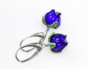 Sterling Silver Earrings Elven Bells,  sapphire blue lampwork flowers, lotr elf hobbit sra