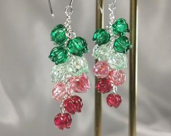 Tourmaline  long earrings,  glass flowers