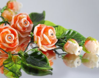 Lampwork glass flower bead set orange roses, diy ooak sra, murano glass