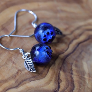 Handmade Murano Glass Blueberry Earrings with Sterling Silver Leaf and Ear Wires