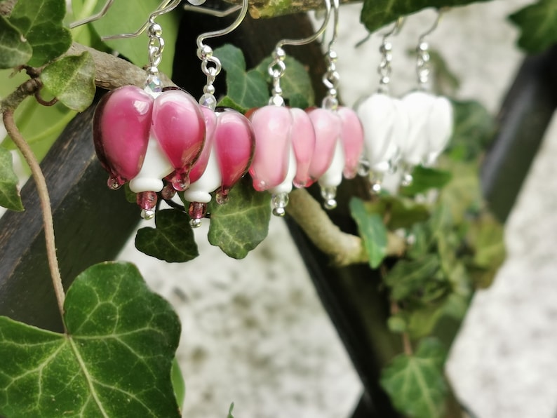 Sterling Silver Earrings Bleeding Hearts, Dicentra, murano glass image 5