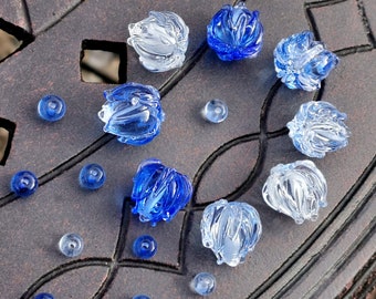 Blue glass bead set 17pcs , lampwork