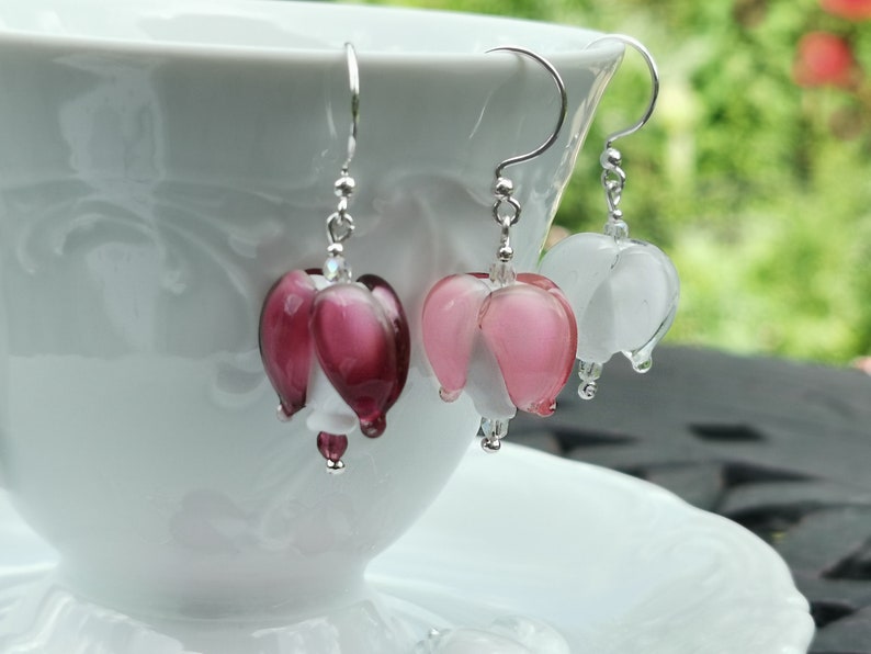 Sterling Silver Earrings Bleeding Hearts, Dicentra, murano glass image 7