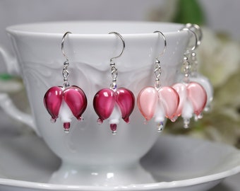 Sterling Silver Earrings Bleeding Hearts, Dicentra, murano glass