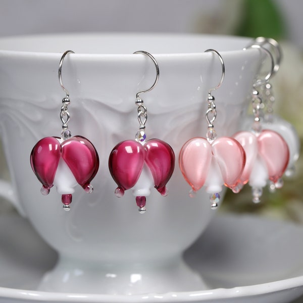 Sterling Silver Earrings Bleeding Hearts, Dicentra, murano glass