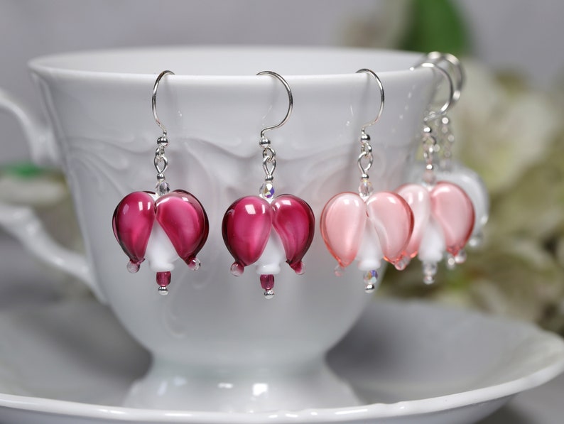 Sterling Silver Earrings Bleeding Hearts, Dicentra, murano glass image 1