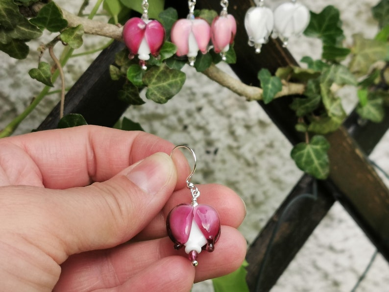 Sterling Silver Earrings Bleeding Hearts, Dicentra, murano glass image 4