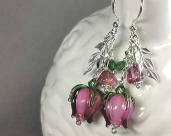 Sterling Silver Earrings Magic Orchid Lampwork Flower, sra