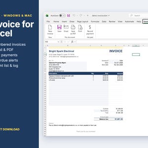 Invoice Template Excel, Automatic Invoice Numbering, Invoice Spreadsheet, Payment Tracker, Small Business Invoice, Email PDF, Mac PC