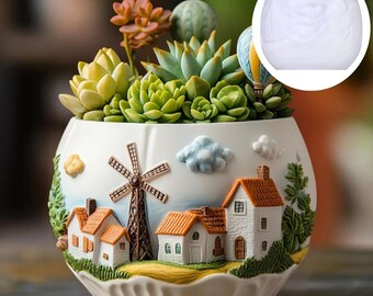 Windmill House Succulent Plant Pot Silicone Mold, Plants gypsum mold Casting