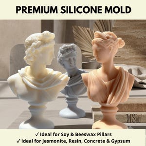 May include: Three silicone molds shaped like classical busts, including two male figures with curly hair and one female figure with an updo. The text PREMIUM SILICONE MOLD appears at the top, with text below listing materials like soy, beeswax, jesmonite, resin, concrete, and gypsum.