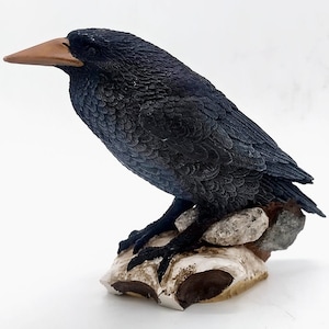 Puede incluir: Una figurita de cuervo negro posada sobre una base de roca. El cuervo tiene una textura de plumas detallada y un pico marrón. La base está hecha de un material marrón claro con una superficie texturizada.