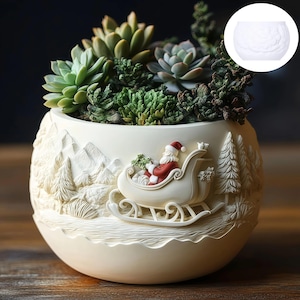 May include: Cream-colored ceramic planter with a detailed relief of Santa Claus in a sleigh, surrounded by a winter landscape. The planter is filled with various green succulents. A festive holiday decoration.