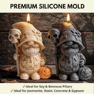 Puede incluir: Dos velas con forma de gnomo, una beige y otra gris, con sombreros de hojas, sosteniendo un bastón con una calavera y junto a una pequeña calabaza. El texto PREMIUM SILICONE MOLD aparece arriba, con detalles de uso abajo.
