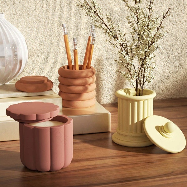 Silicone Candle Jar Mold with Lids Round Roman Cement Candle Vessel Mould Storage Pot Terrazzo Decor Tool