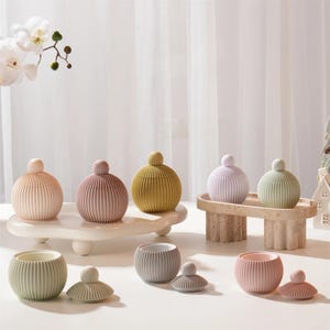 Può includere: Una collezione di barattoli decorativi in ceramica con coperchi in vari colori pastello, tra cui rosa, giallo e verde. I barattoli hanno un design a coste e sono esposti su una superficie bianca e un vassoio color pietra.