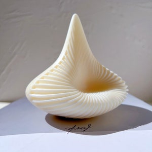 Può includere: Una scultura bianca stampata in 3D con una forma organica a spirale. La scultura è composta da molte linee sottili e sovrapposte che creano una sensazione di movimento e profondità.