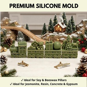 Könnte beinhalten: Ein grünes Silikonform-Set mit einer Lokomotive und drei Waggons, die ein Haus, einen Teddybären, ein Geschenk, einen Ball, einen Lebkuchenmann, einen Weihnachtsbaum und ein Schaukelpferd tragen. Der Text lautet PREMIUM SILICONE MOLD.