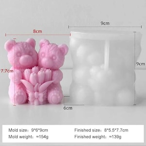 May include: A pink silicone mould for creating a teddy bear-shaped candle or soap. The mould is 9 cm by 6 cm by 9 cm. The finished product will be approximately 8 cm by 5.5 cm by 7.7 cm. The finished product weighs approximately 139 grams.