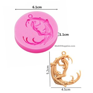 May include: A pink silicone mold, 6.1 cm in diameter and 1.1 cm thick, featuring a woman-like figure. A finished product, 5.2 cm tall and 4.5 cm wide, is also shown. The finished product is a tan-colored pendant with a woman figure on a crescent moon.