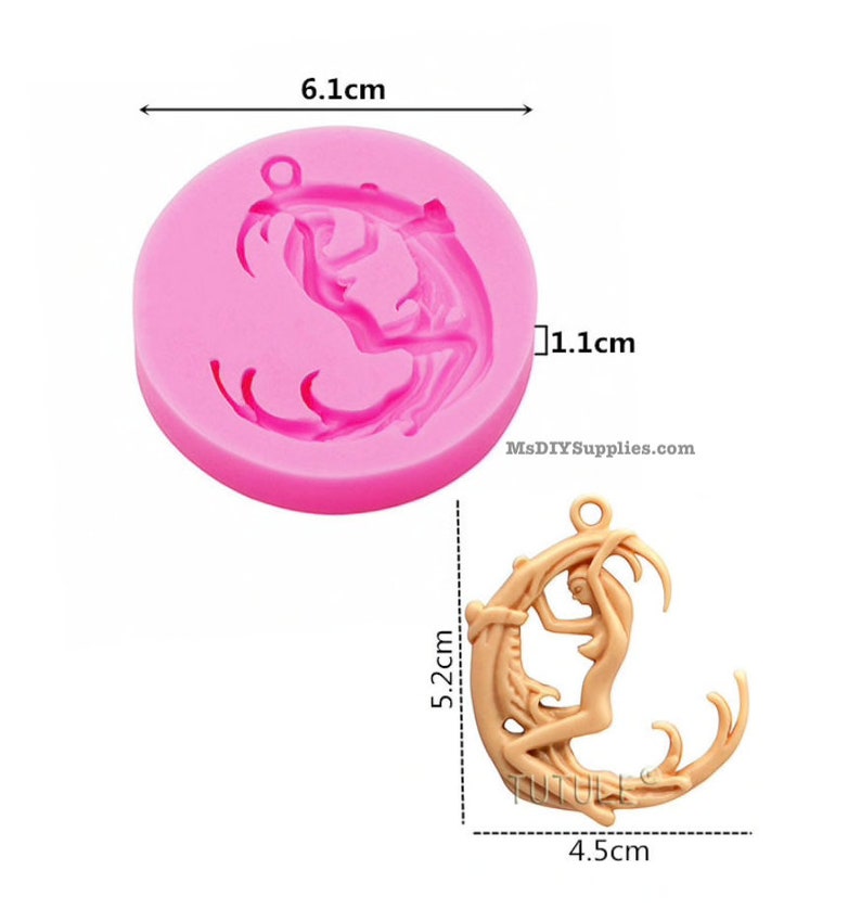 May include: A pink silicone mold, 6.1 cm in diameter and 1.1 cm thick, featuring a woman-like figure. A finished product, 5.2 cm tall and 4.5 cm wide, is also shown. The finished product is a tan-colored pendant with a woman figure on a crescent moon.