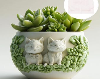 Couple Cat Flower Pot Silicone Mold: Concrete, Gypsum, Jesmonite Casting