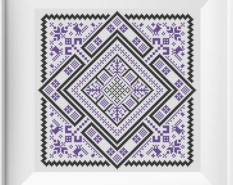 Swedish Rhombus Folk Embroidery pdf pattern with birds in cross stitch