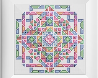 Geometric Mandala No. 1  - Modern cross stitch embroidery PDF pattern with 18(!) dmc colours