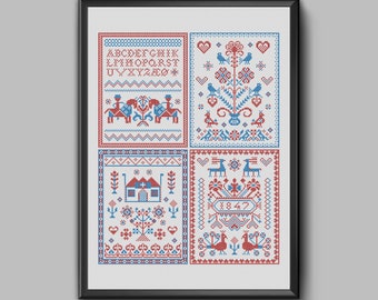 Postcards from Zealand, Part 1 - Traditional danish folk embroidery sampler pdf pattern for cross stitch