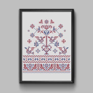Zealand Birds - Traditional danish folk embroidery sampler pdf pattern cross stitch poetry