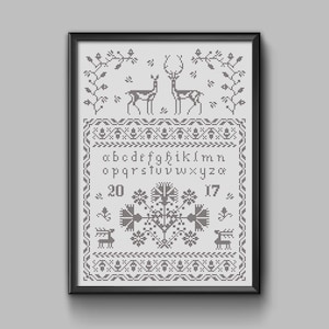 Le cerf, la biche et l&#39;automne - Échantillonneur d&#39;alphabet de broderie folklorique traditionnelle avec cerf, motif pdf au point de croix