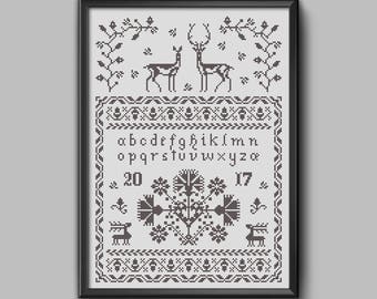 The Stag, the Doe & the Autumn - Traditional folk embroidery art sampler w/deer motif for cross stitch pdf pattern