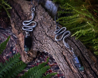 SERPENT Long, dangly earrings with silver snakes and tourmaline beads
