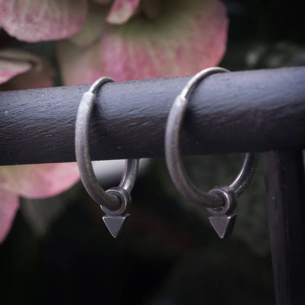 small hoop earrings sterling silver triangle dangle gray grey distressed antigued oxidized black rustic finish 1.5mm 14g wire