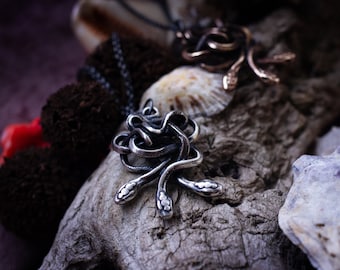 HYDRA three headed snake necklace in recycled sterling silver or bronze with oxidized silver chain