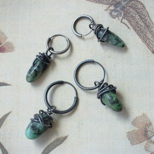 turquoise earrings wire wrapped in recycled oxidized sterling silver 12mm or 16mm hoops