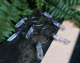 rock crystal quartz hoop earrings raw rustic oxidized black wire wrap