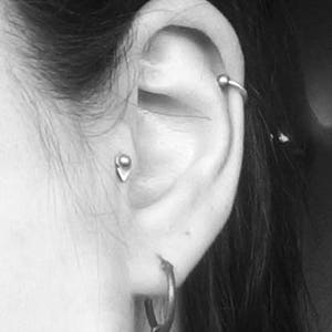 Puede incluir: Primer plano de la oreja de una persona con varios piercings. La oreja est&aacute; perforada en el h&eacute;lix, el conch y el l&oacute;bulo. Los piercings est&aacute;n adornados con peque&ntilde;os pendientes de plata y un aro.