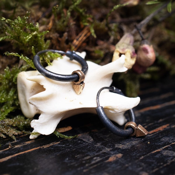 small hoop earrings oxidized sterling silver with bronze triangle