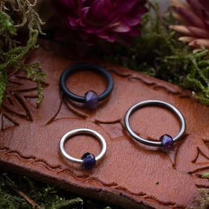 iolite captive bead piercing ring in sterling silver or niobium 18g 16g 14g wire thickness