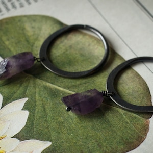 Gauged hoops in recycled sterling silver with raw amethyst 10g 2.5mm ear weights