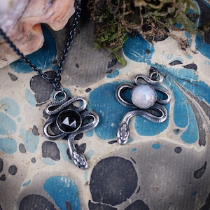 SERPENT snake necklace in recycled sterling silver with rosecut onyx or rainbow moonstone